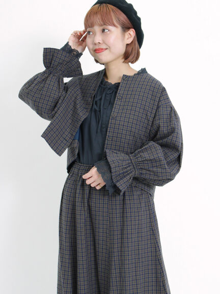 格紋/素面棉麻混紡糖果袖短版無領夾克(FB34L0Y0180) - Samansa Mos2