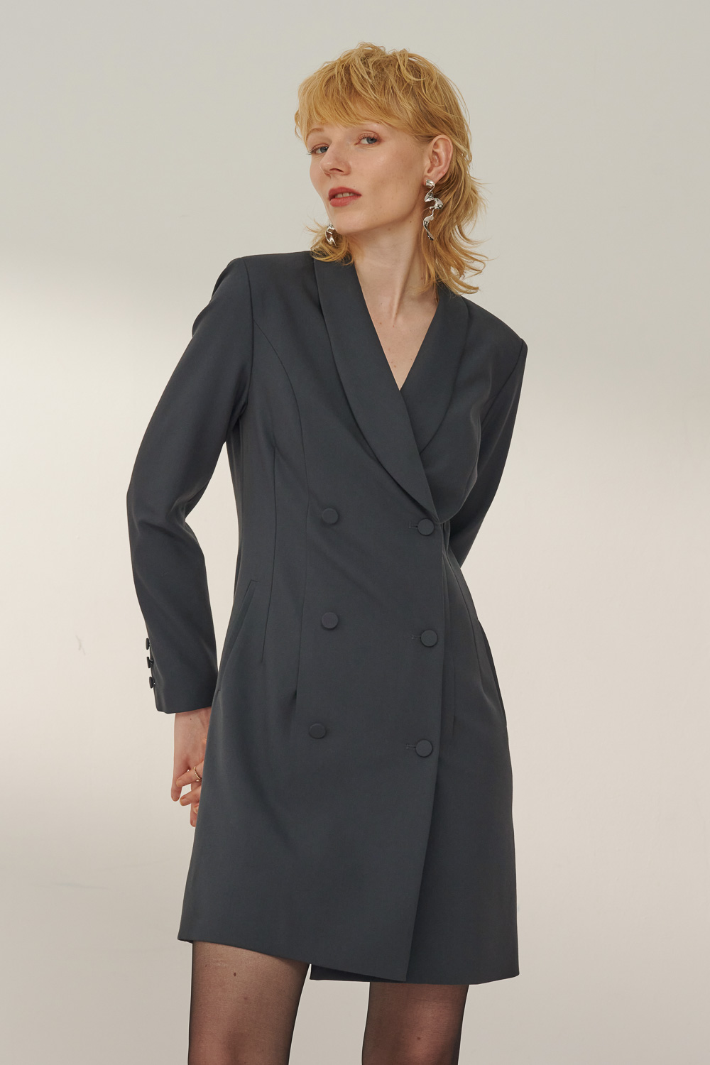 SST&C Slate Gray and Blue Loofah Collar Buttoned Dress | 8562310003  (Outlet)_0