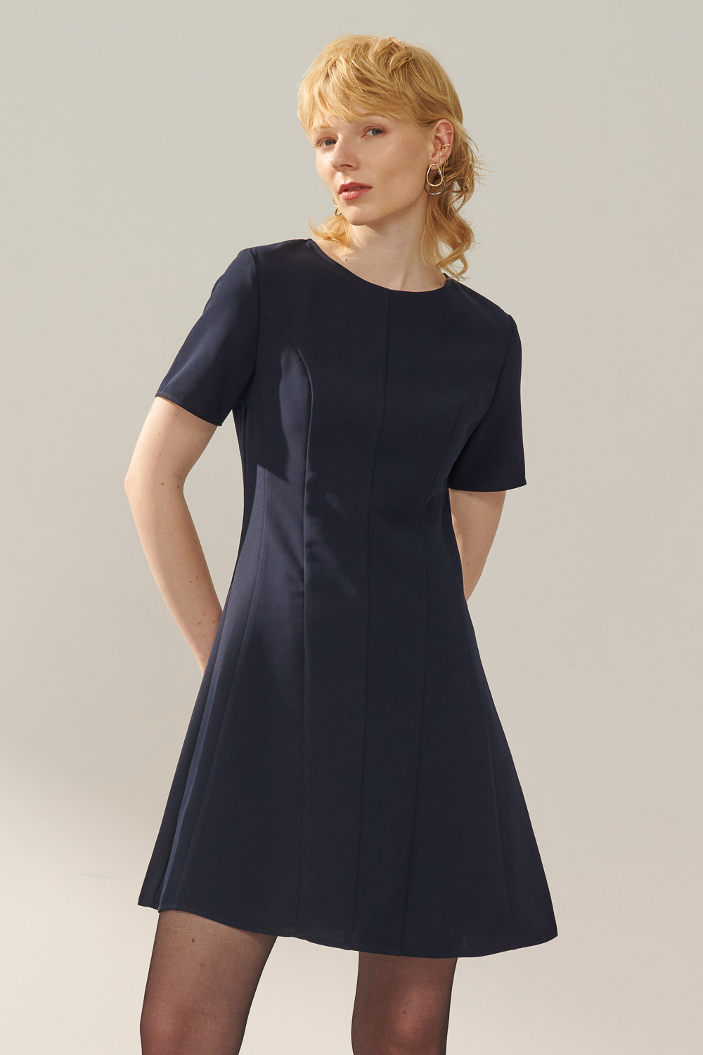 SST&C Dark Blue Round Neck Slim Waist Dress | 8562310006  (Outlet)_0