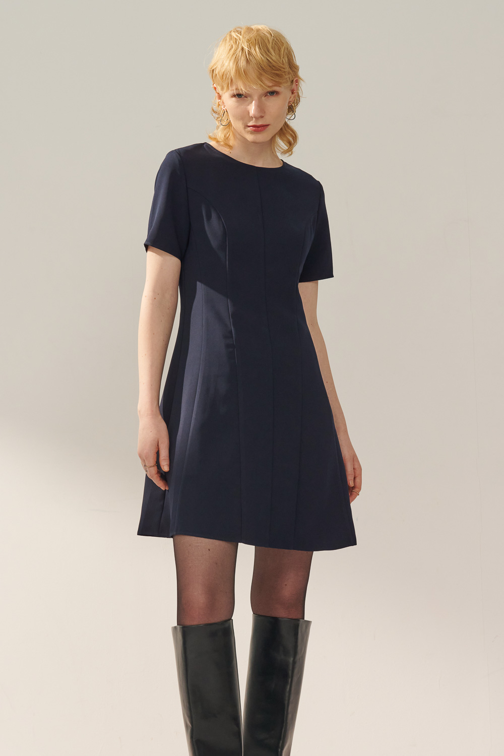 SST&C Dark Blue Round Neck Slim Waist Dress | 8562310006  (Outlet)_2