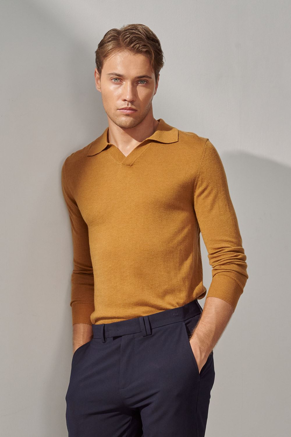 SST&C Warm Yellow Brown Merino Wool Polo Collar Sweater | 1112310001  (Outlet)_0