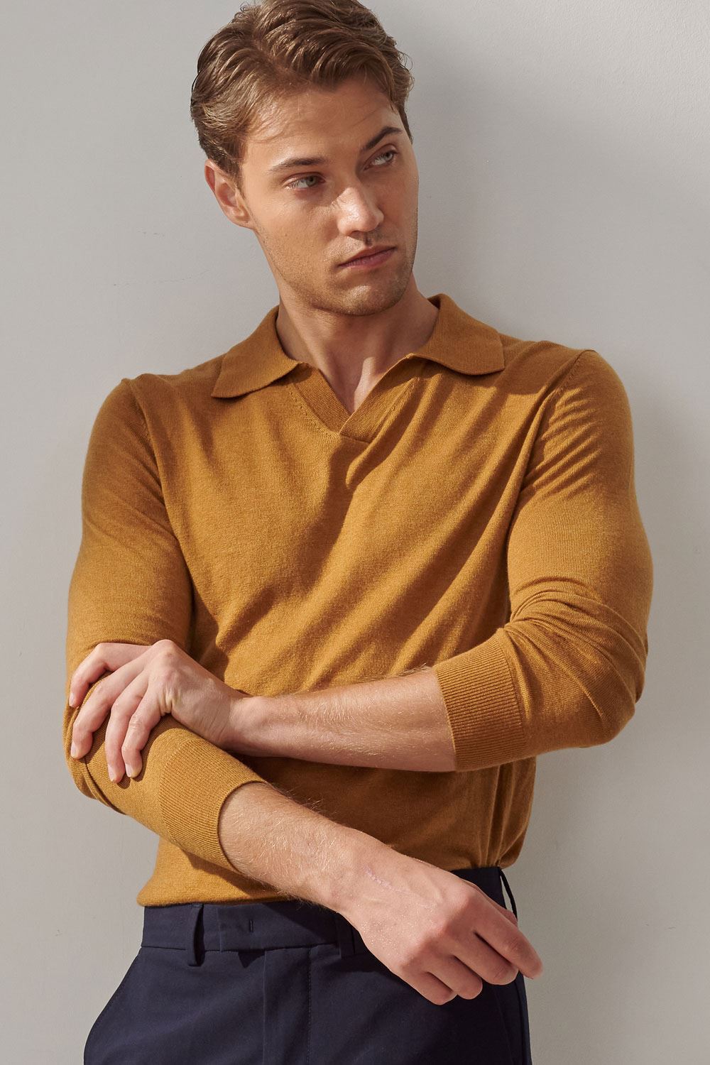 SST&C Warm Yellow Brown Merino Wool Polo Collar Sweater | 1112310001  (Outlet)_1