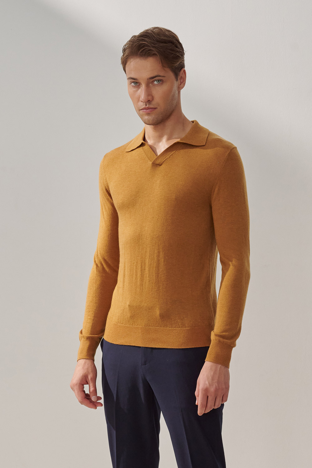 SST&C Warm Yellow Brown Merino Wool Polo Collar Sweater | 1112310001  (Outlet)_3