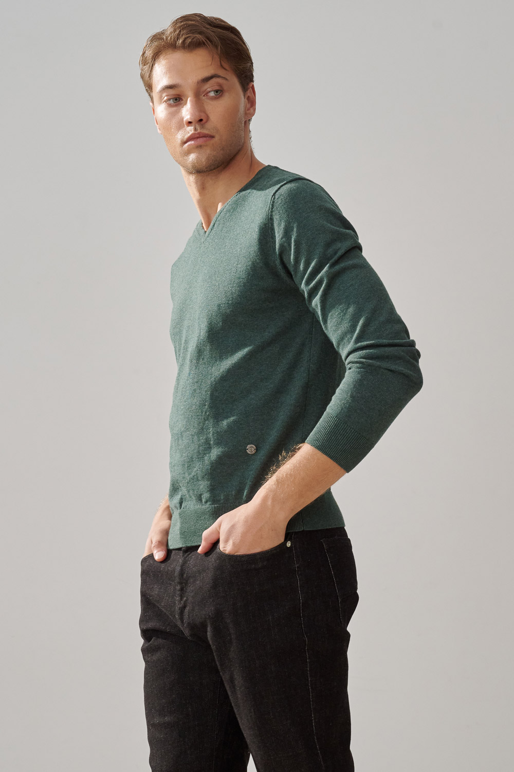SST&C Forest Green V-Neck Cotton Sweater | 1112310009  (Outlet)_1