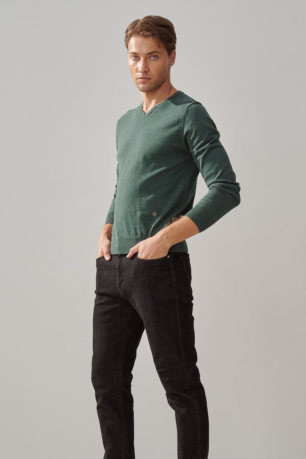 SST&C Forest Green V-Neck Cotton Sweater | 1112310009  (Outlet)_3