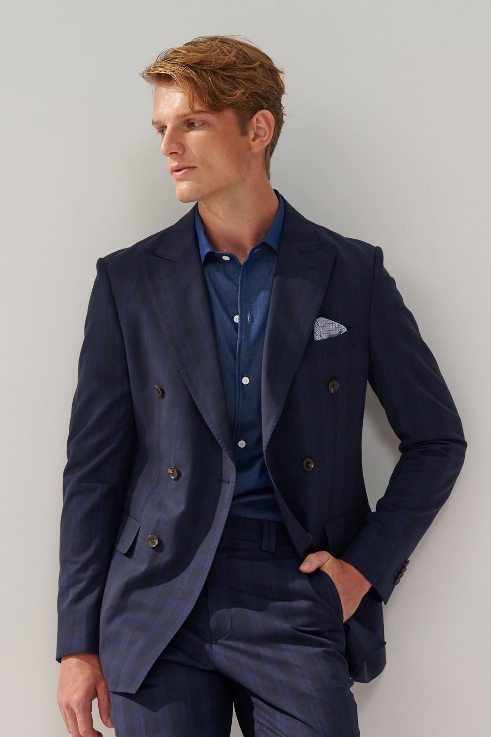SST&C Navy Check Pattern Tailor-Fit Double-Breasted Suit Jacket | 0112310009  (Outlet)_0