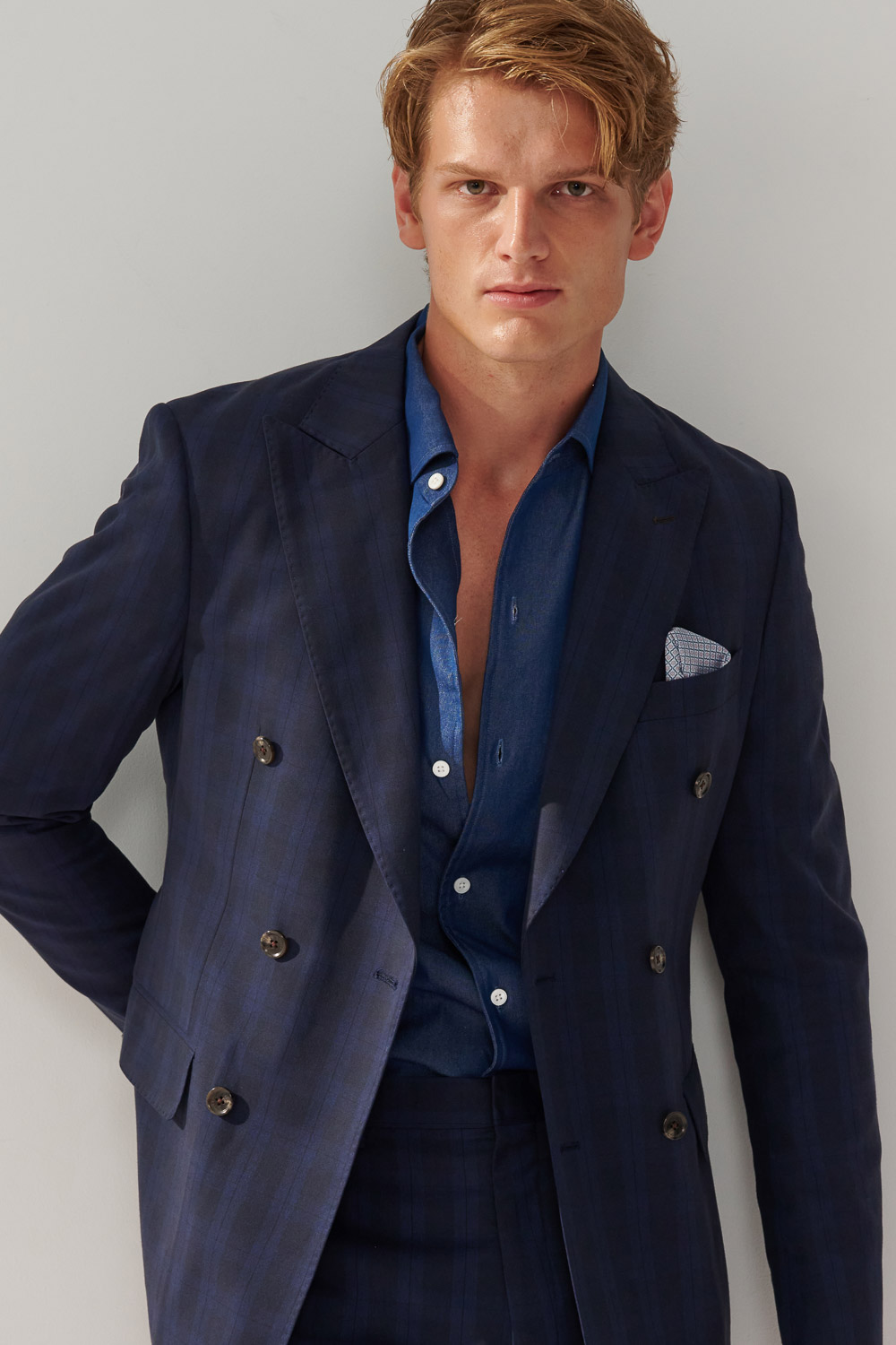 SST&C Navy Check Pattern Tailor-Fit Double-Breasted Suit Jacket | 0112310009  (Outlet)_1