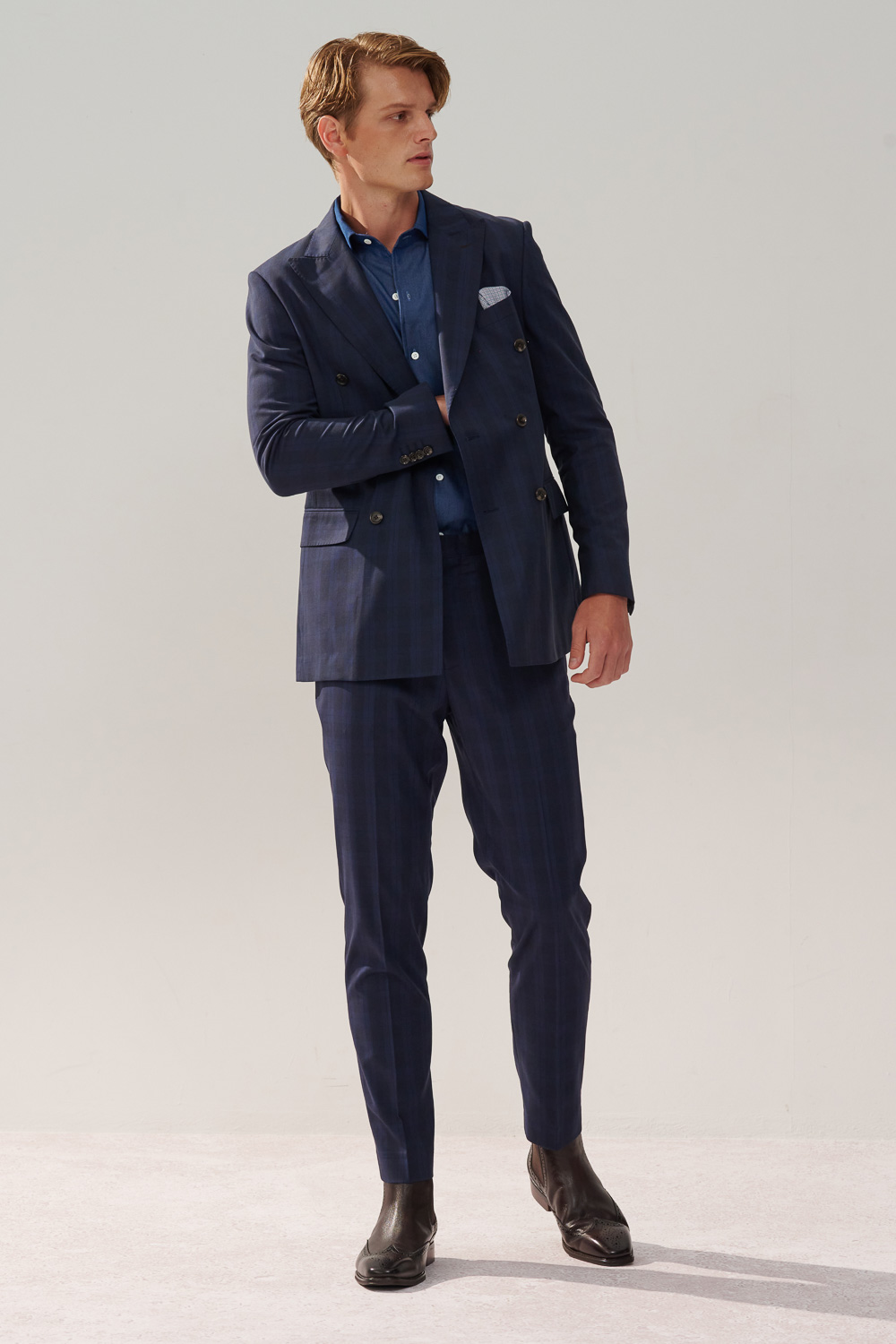 SST&C Navy Check Pattern Tailor-Fit Double-Breasted Suit Jacket | 0112310009  (Outlet)_2