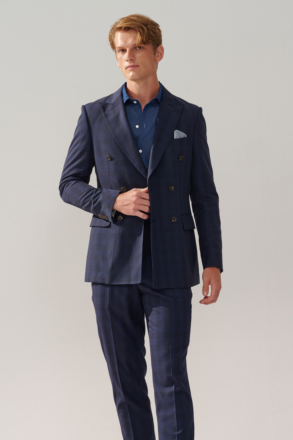 SST&C Navy Check Pattern Tailor-Fit Double-Breasted Suit Jacket | 0112310009  (Outlet)_3