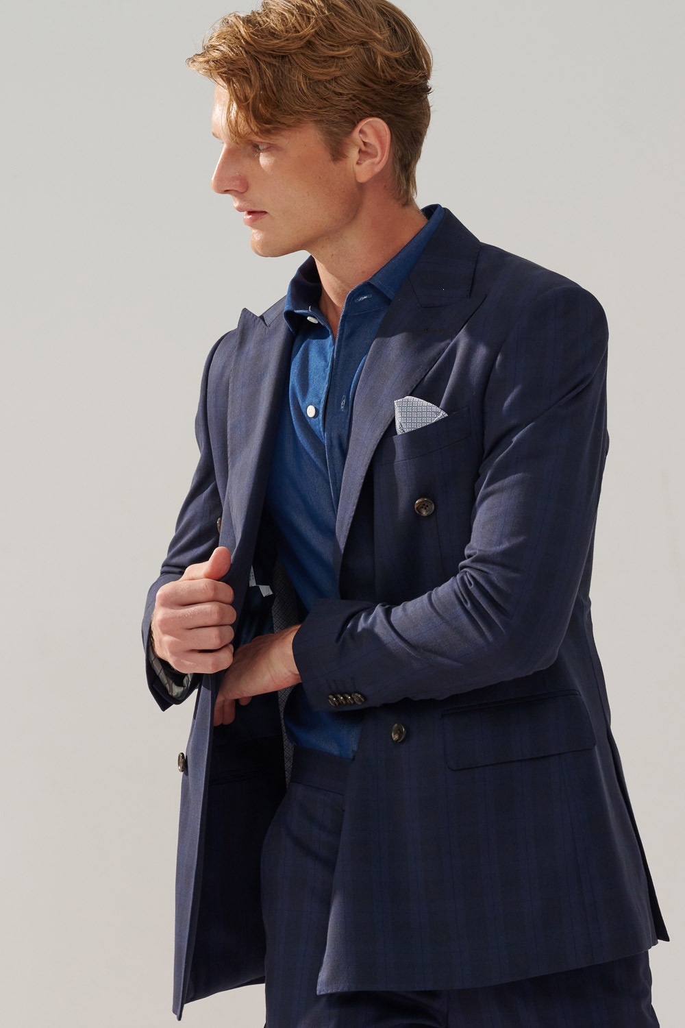 SST&C Navy Check Pattern Tailor-Fit Double-Breasted Suit Jacket | 0112310009  (Outlet)_4