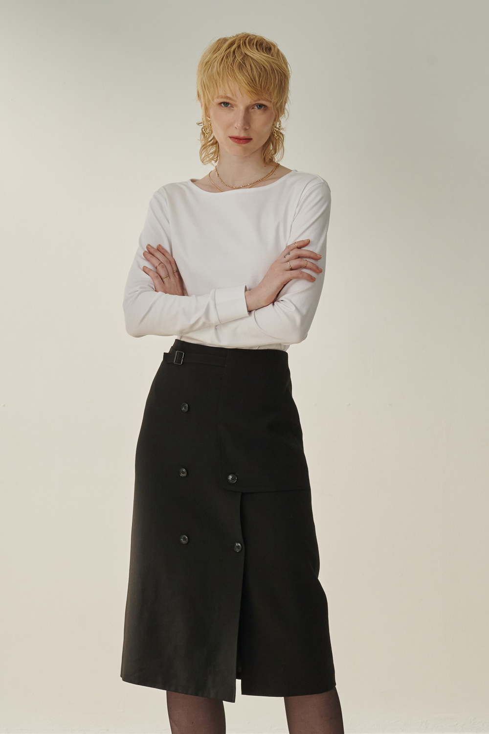 SST&C Black Buttoned Long Skirt | 8362310006  (Outlet)_3