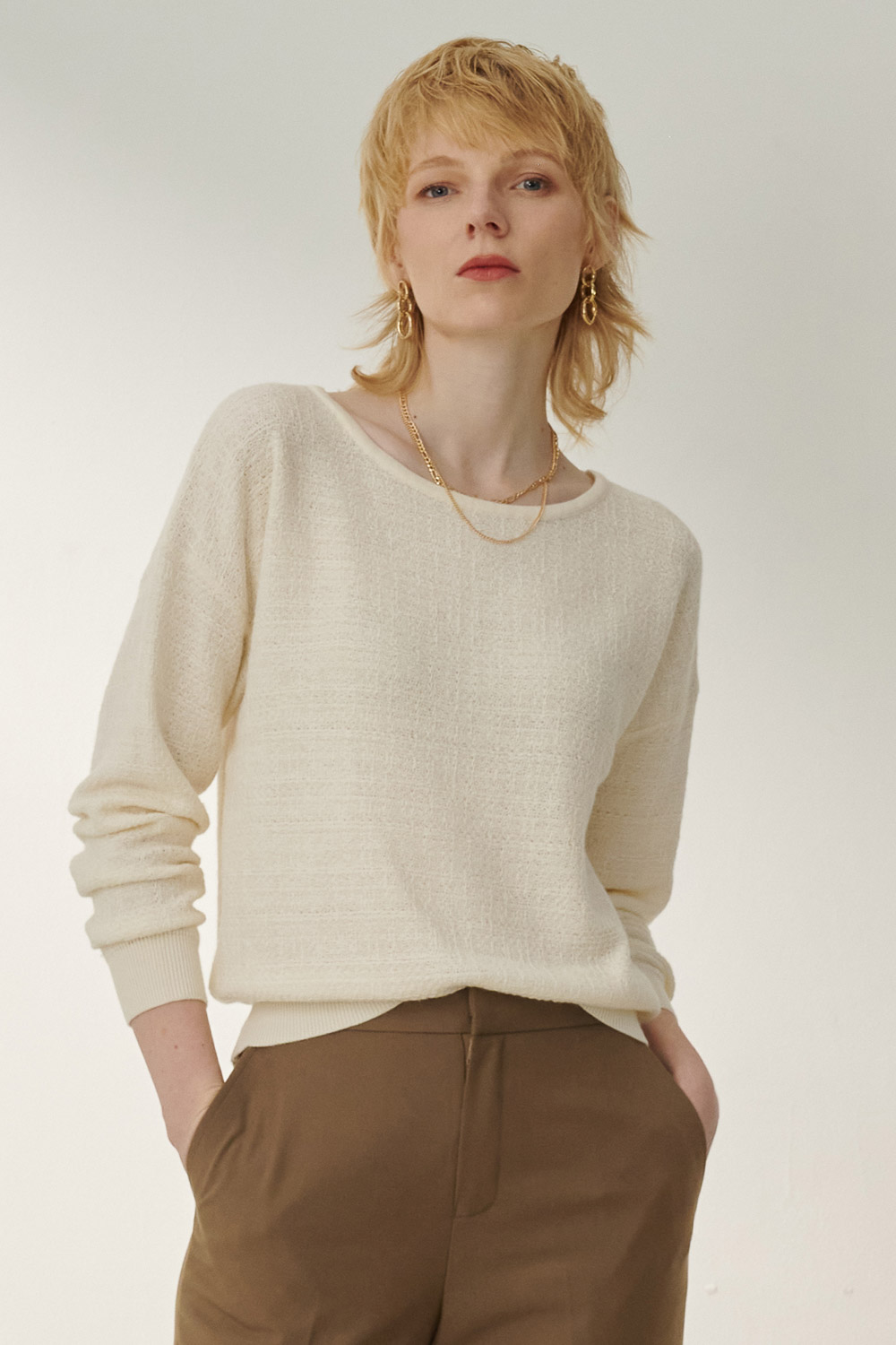 SST&C White Tweed Off-Shoulder Sweater | 8662310006  (Outlet)_0