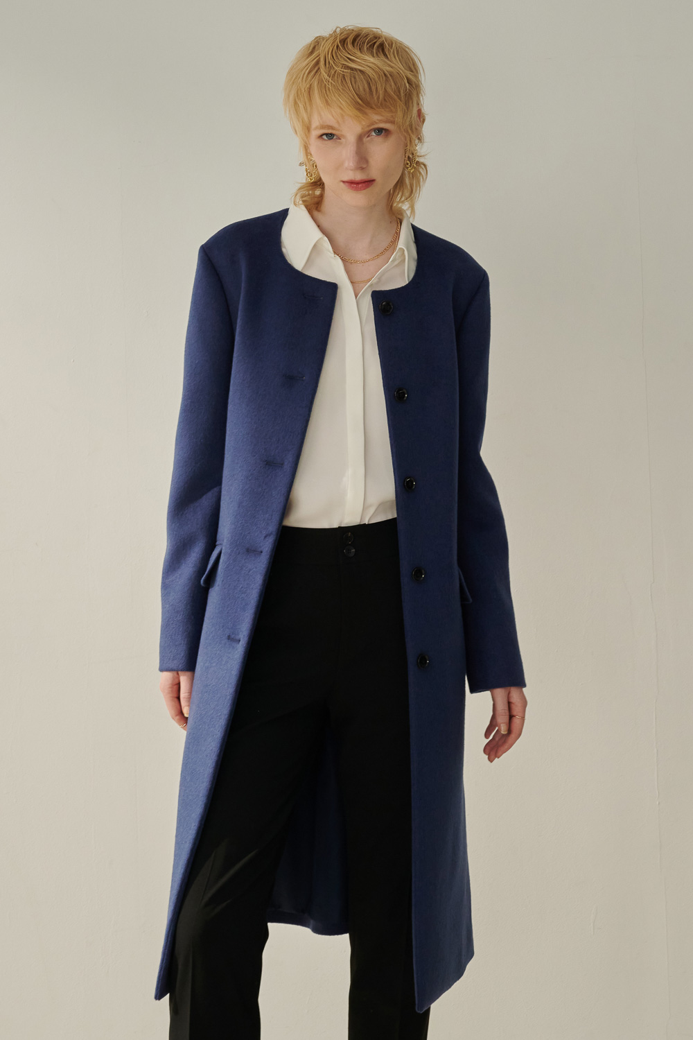 SST&C Royal Blue Collarless Wool Coat With Straps | 8962310004  (Outlet)_0