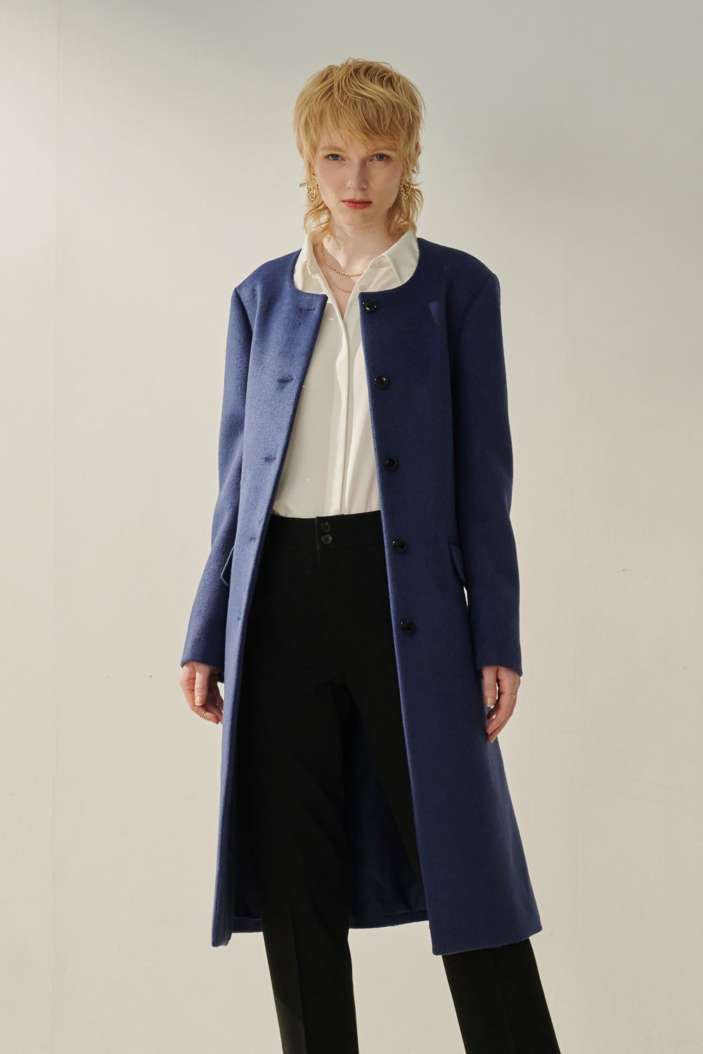 SST&C Royal Blue Collarless Wool Coat With Straps | 8962310004  (Outlet)_3