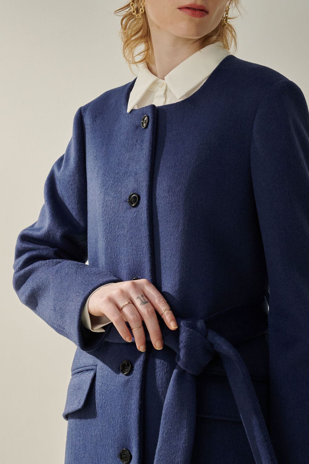 SST&C Royal Blue Collarless Wool Coat With Straps | 8962310004  (Outlet)_4