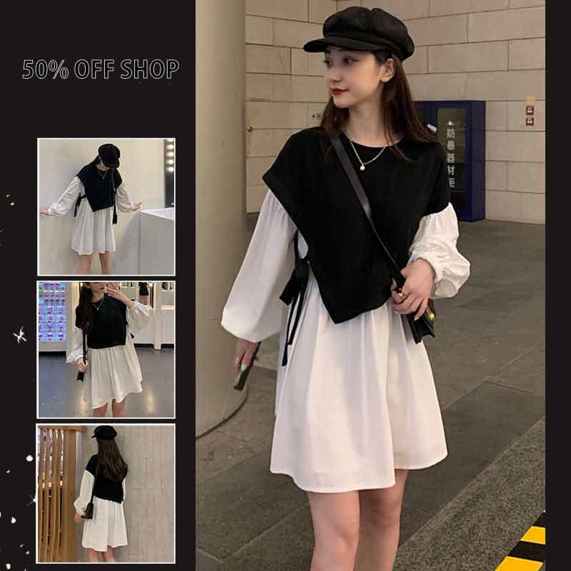 經典黑白假兩件式美洋連衣裙_0