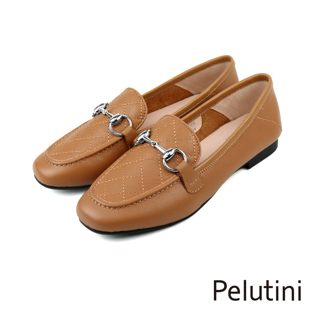 【Pelutini】馬銜扣菱格紋淑女樂福鞋 棕色(8757W-BR)