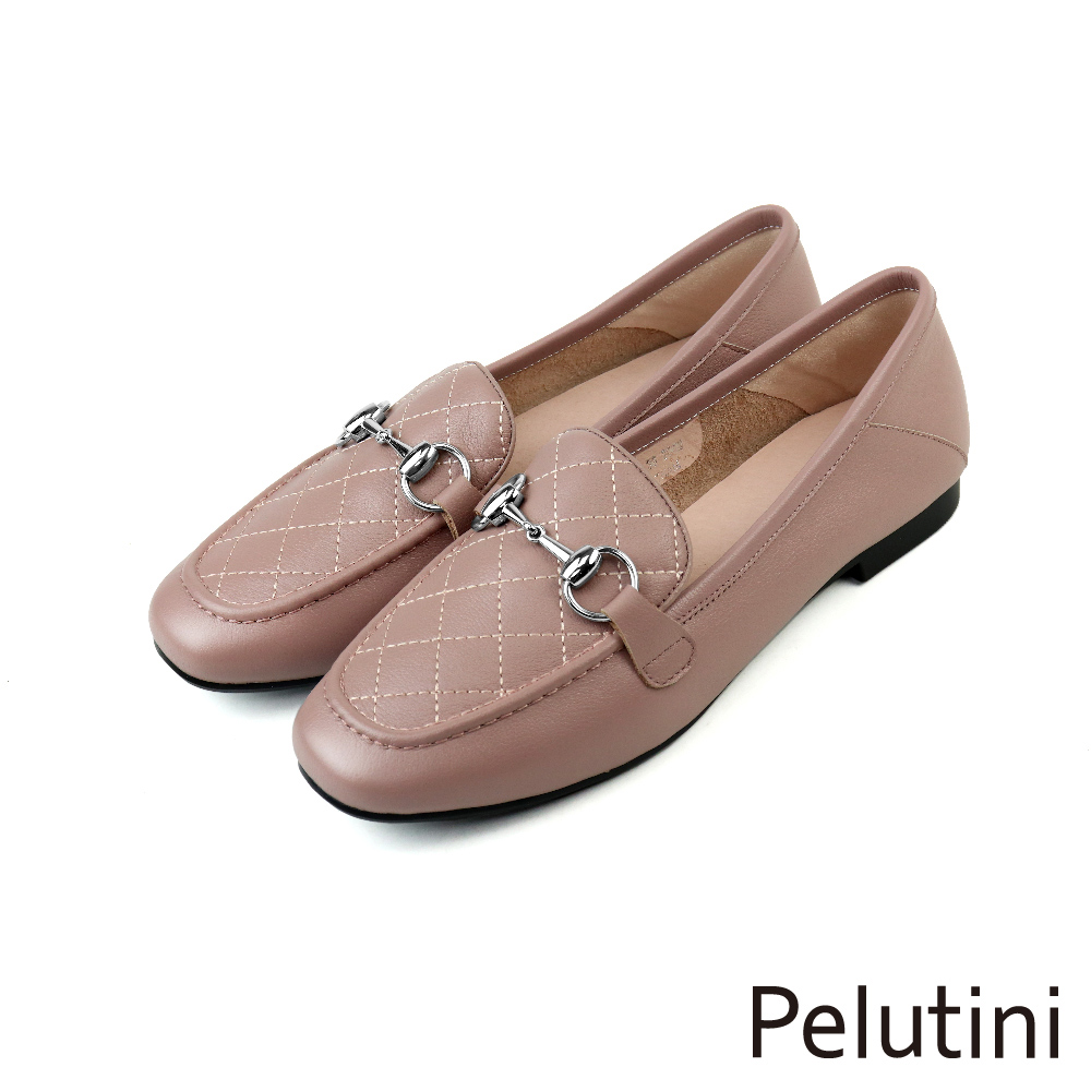 【Pelutini】馬銜扣菱格紋淑女樂福鞋 藕粉色(8757W-TARO)