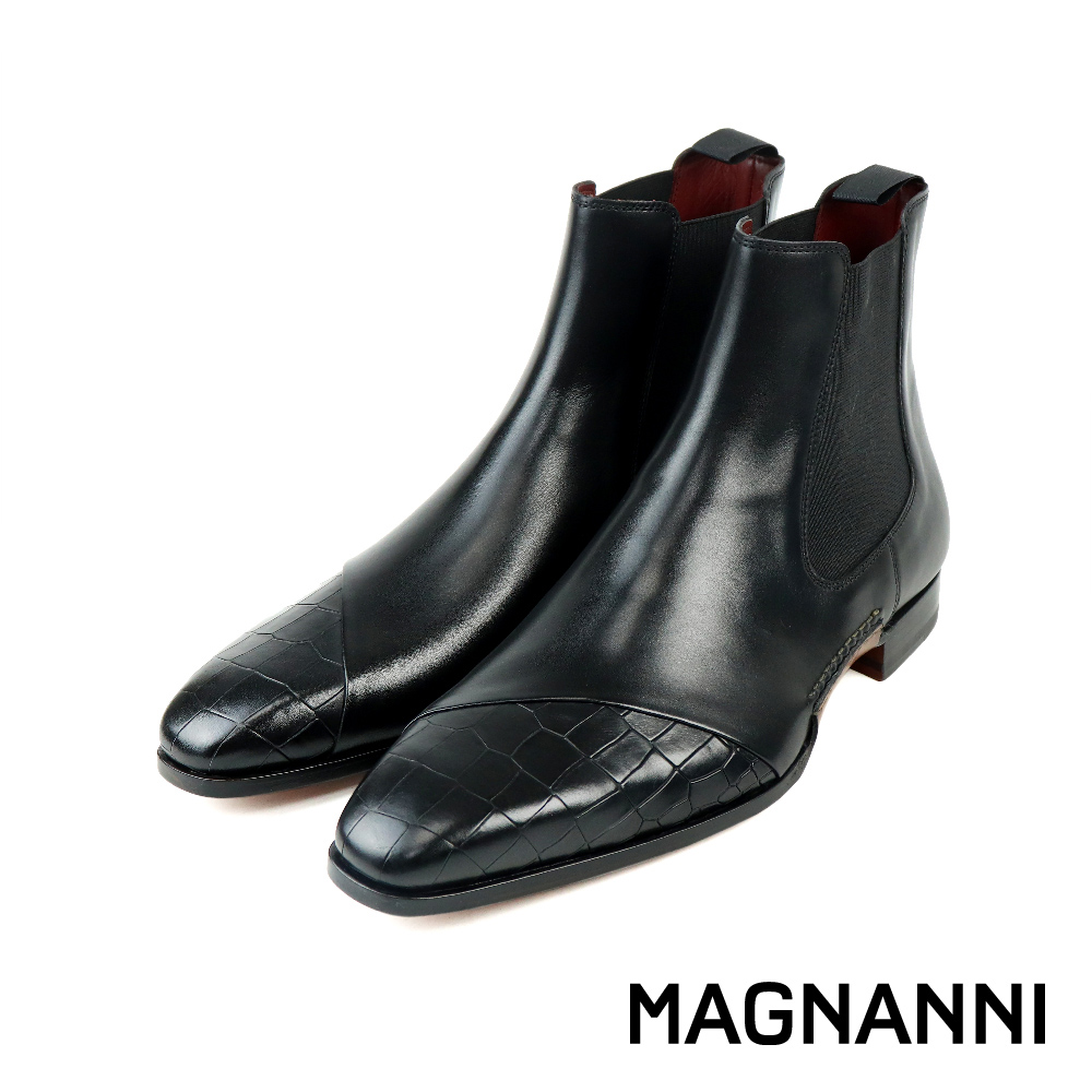 【MAGNANNI】半切面蛇皮紋壓花切爾西靴 黑色(25488-BL)