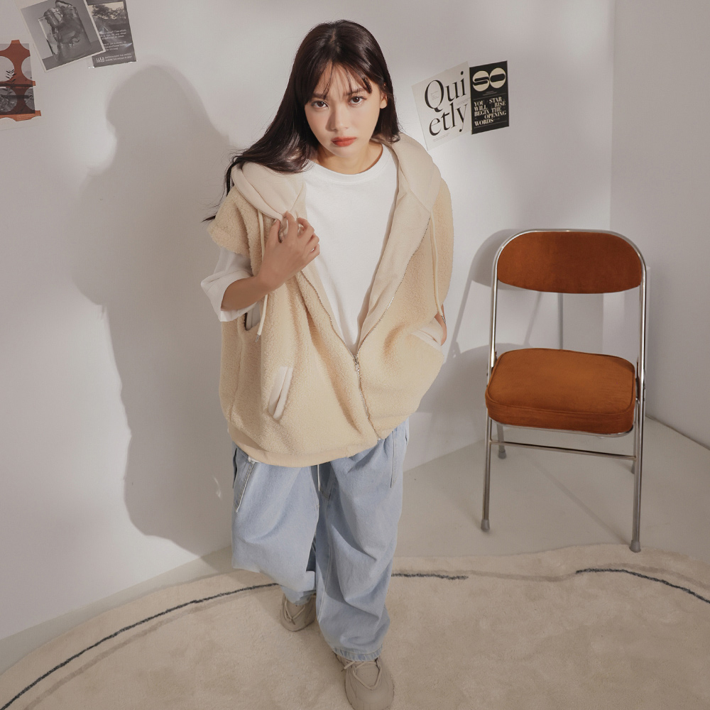 雙面羊羔毛連帽背心-杏【KT28826】-2色_1