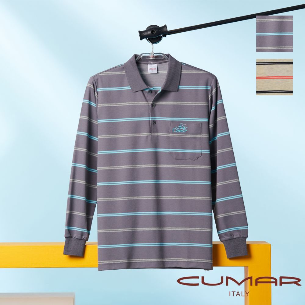 CUMAR 男裝長袖羅紋領條紋棉質POLO衫 / 239232