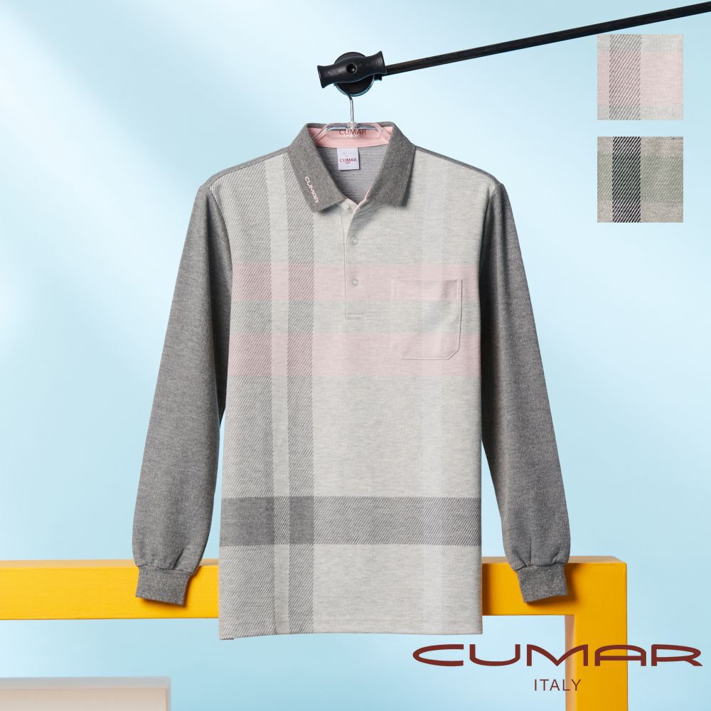 CUMAR 男裝長袖羅紋領緹花棉質POLO衫 / 239234