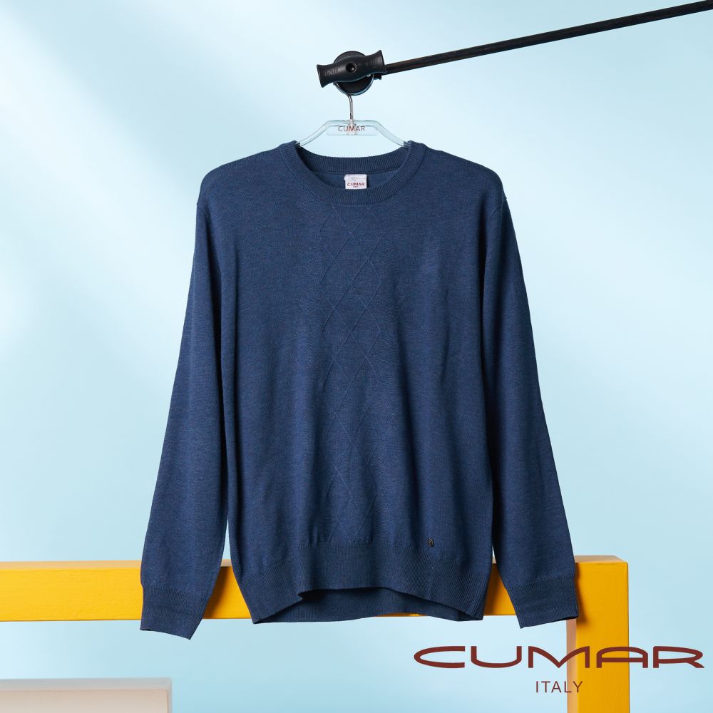 CUMAR 男裝長袖圓領素色緹花羊毛毛衣 / 239601