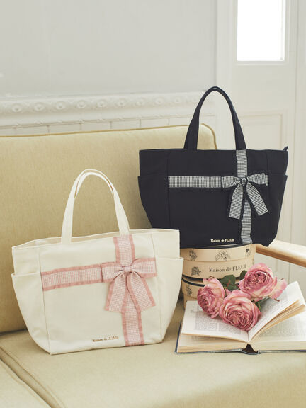 【WEB限定】浪漫格紋十字緞帶帆布托特包(8S33F0J3700) - Maison de FLEUR
