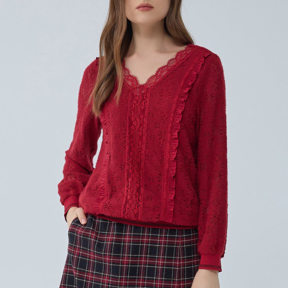 ILEY伊蕾 縷空花卉蕾絲短絨上衣(紅色；M-XL)1234551801_0