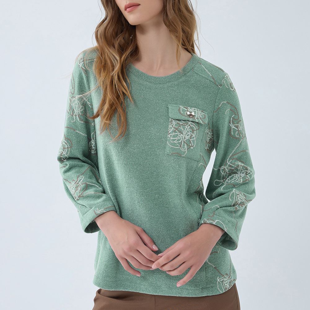ILEY伊蕾 藝術感撞色線條短絨上衣(綠色；M-XL)1233421602_0