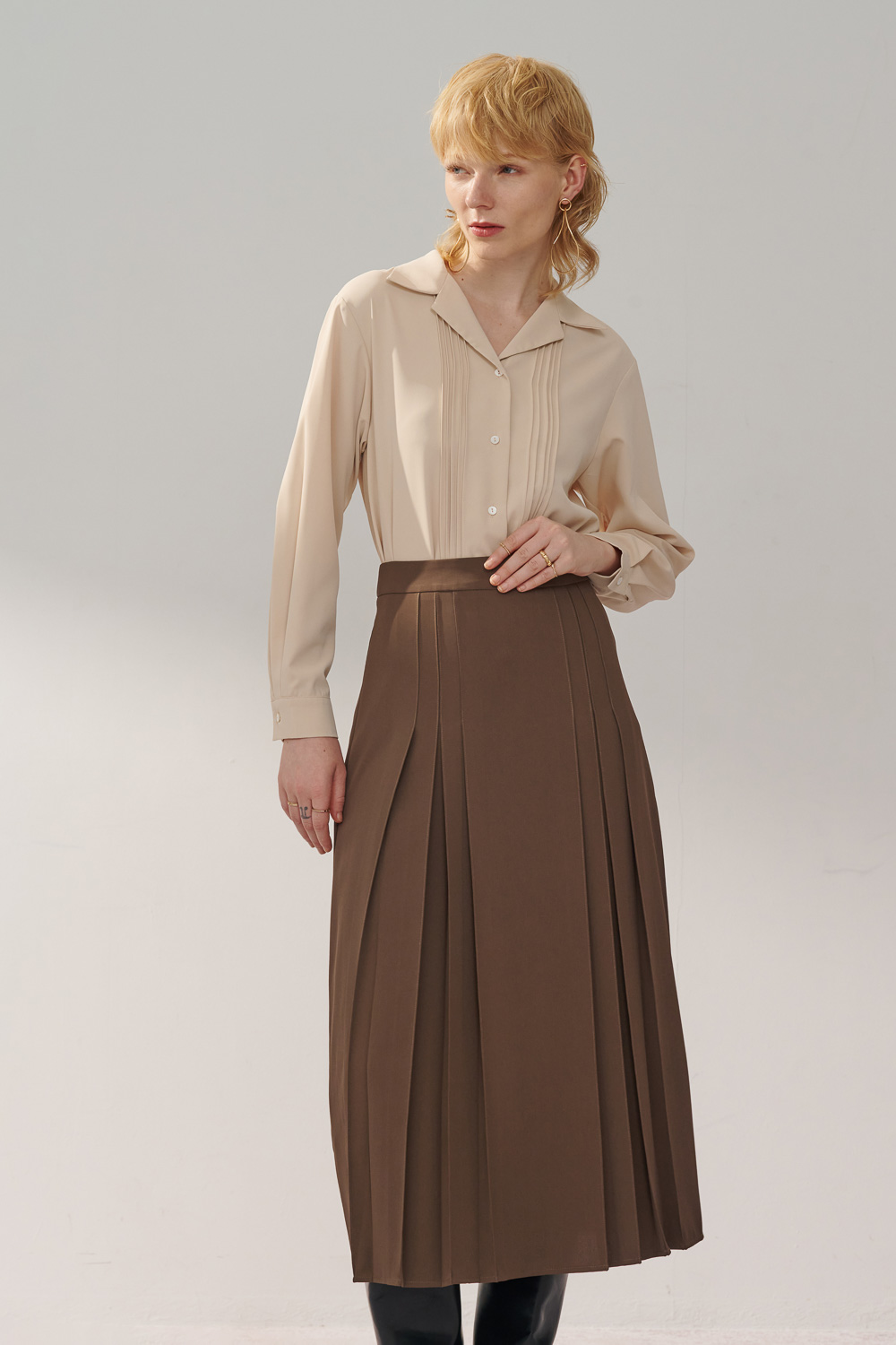 SST&C Gray Coffee Pleated Long Skirt | 8362311003  (Outlet)_2