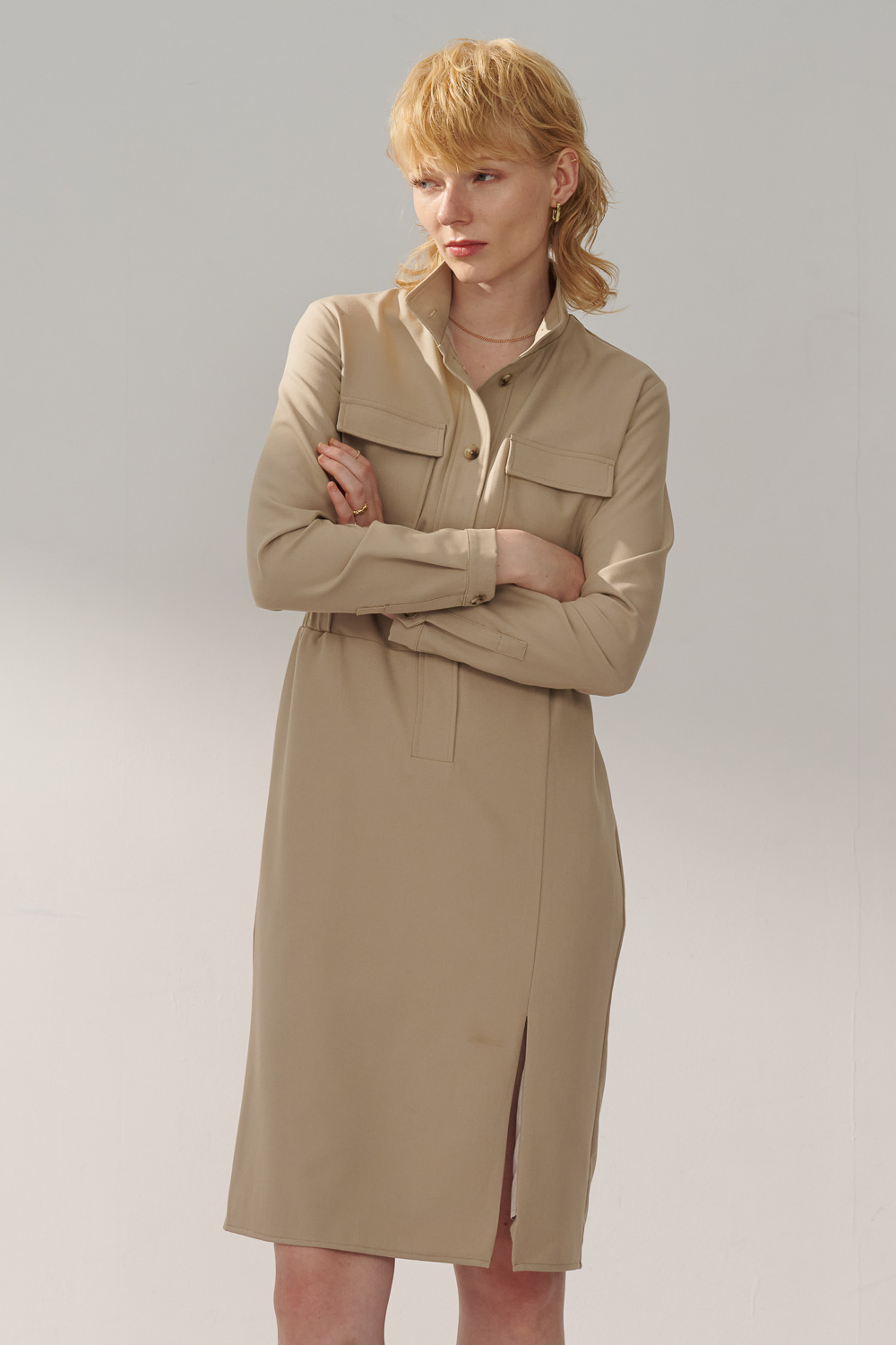 SST&C Khaki Stand Collar Half Placket Pocket Dress | 8562311001  (Outlet)_0