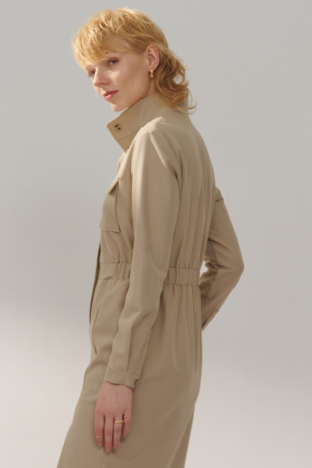 SST&C Khaki Stand Collar Half Placket Pocket Dress | 8562311001  (Outlet)_1