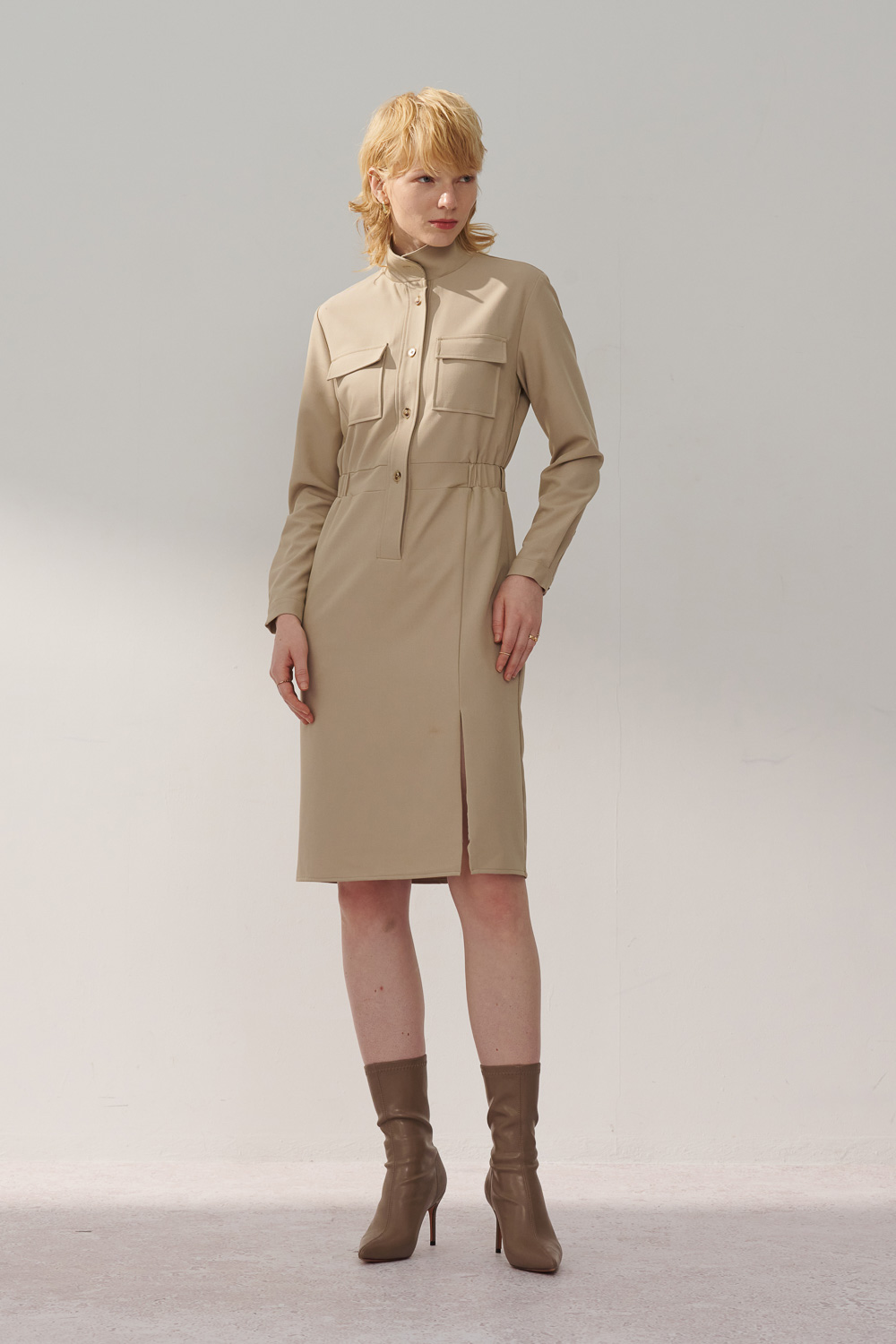 SST&C Khaki Stand Collar Half Placket Pocket Dress | 8562311001  (Outlet)_2