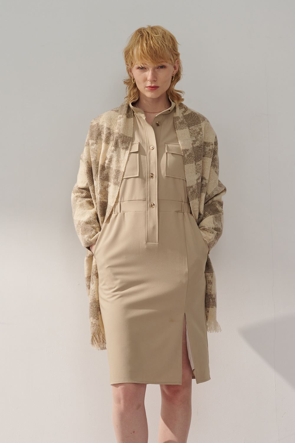 SST&C Khaki Stand Collar Half Placket Pocket Dress | 8562311001  (Outlet)_4