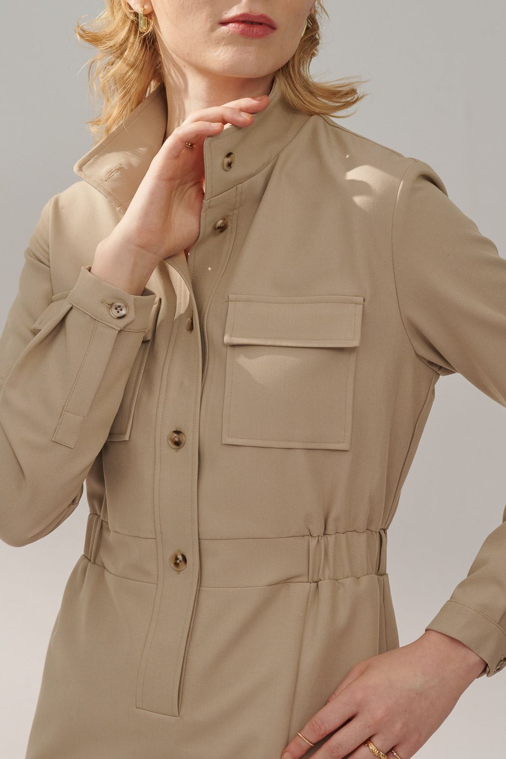 SST&C Khaki Stand Collar Half Placket Pocket Dress | 8562311001  (Outlet)_6