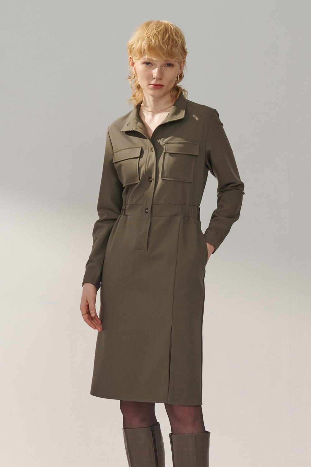 SST&C Olive Green Stand Collar Half Placket Pocket Dress | 8562311002  (Outlet)_0