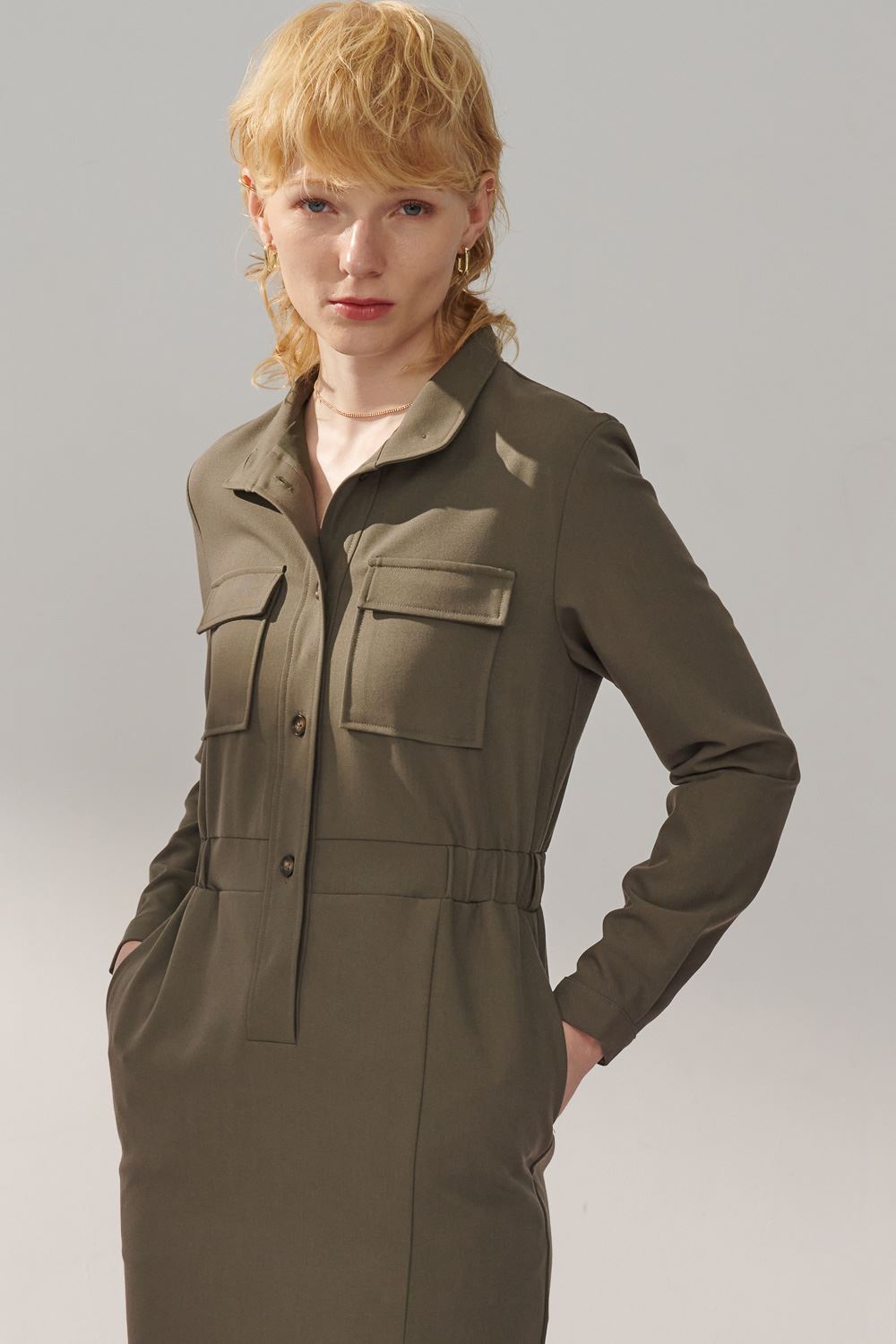 SST&C Olive Green Stand Collar Half Placket Pocket Dress | 8562311002  (Outlet)_1