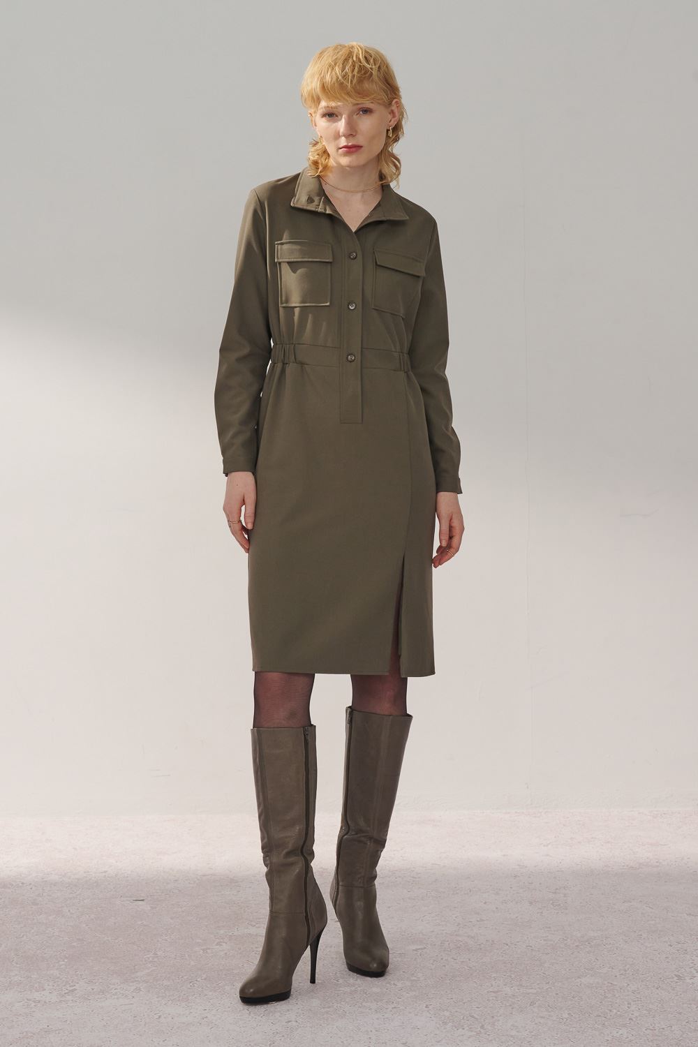 SST&C Olive Green Stand Collar Half Placket Pocket Dress | 8562311002  (Outlet)_2