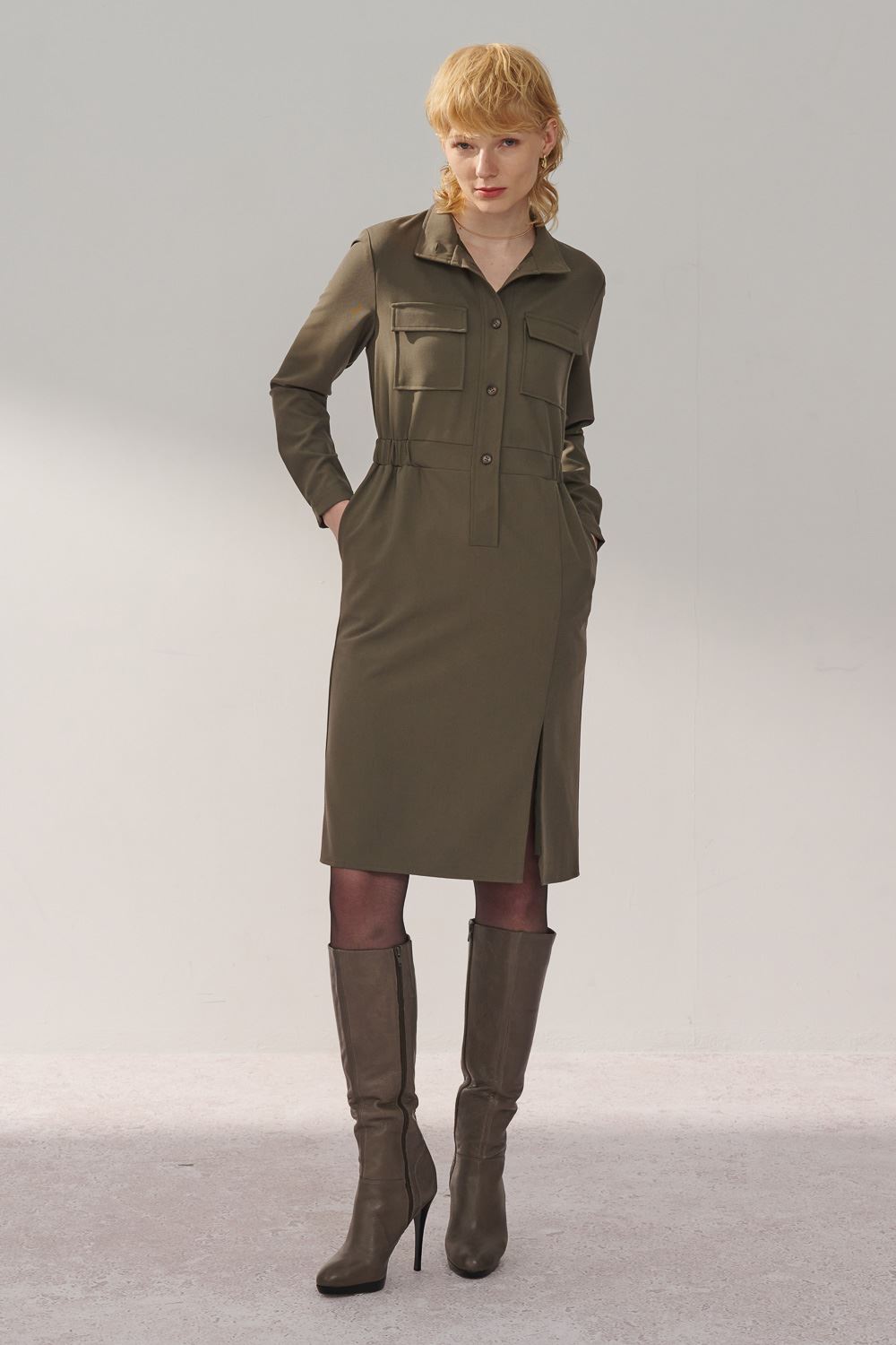 SST&C Olive Green Stand Collar Half Placket Pocket Dress | 8562311002  (Outlet)_3