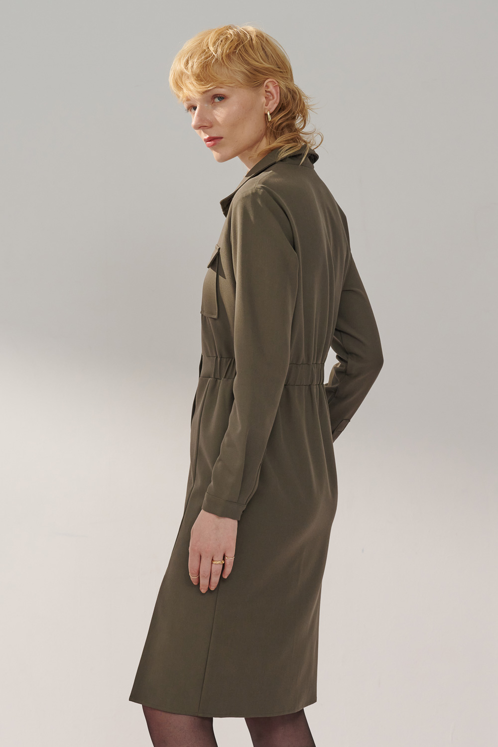 SST&C Olive Green Stand Collar Half Placket Pocket Dress | 8562311002  (Outlet)_4