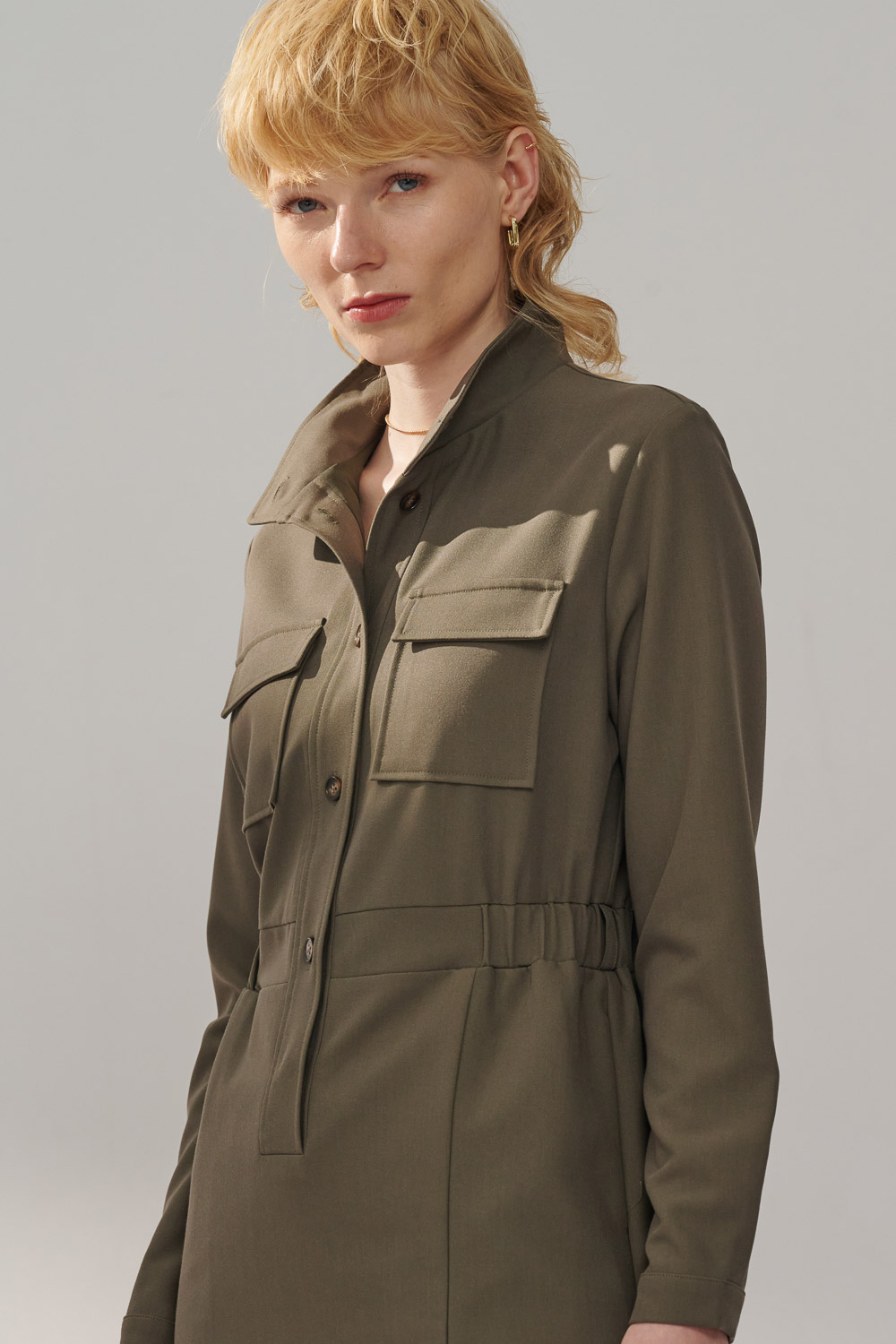 SST&C Olive Green Stand Collar Half Placket Pocket Dress | 8562311002  (Outlet)_5