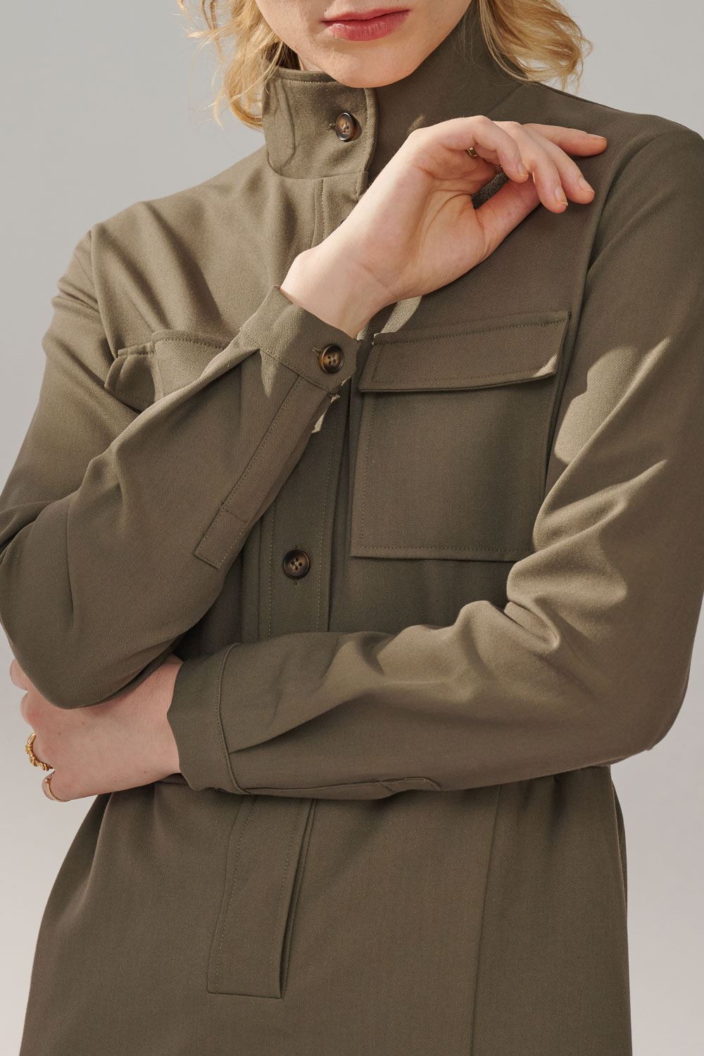 SST&C Olive Green Stand Collar Half Placket Pocket Dress | 8562311002  (Outlet)_6