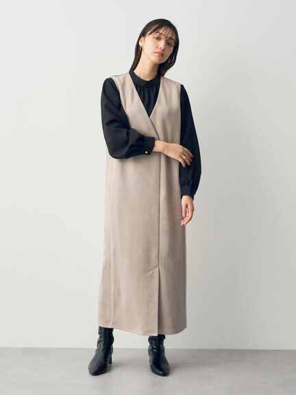 【SET ITEM】氣質壓褶圓領襯衫+質感麂皮V字背心洋裝(7A34L1H0100) - YECCA VECCA