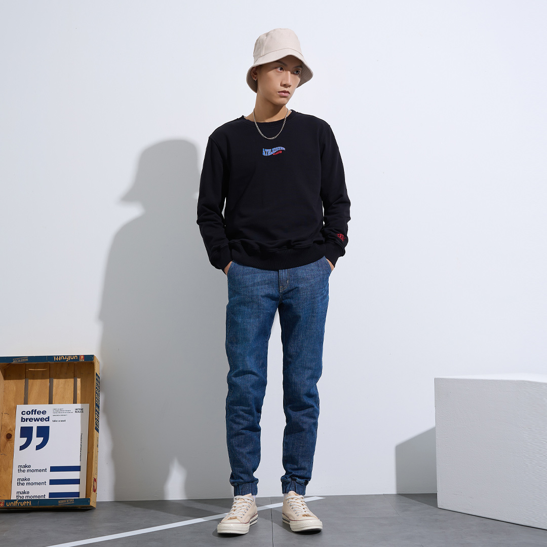 簡約休閒雙滾邊美式大學T(黑色)-男_2