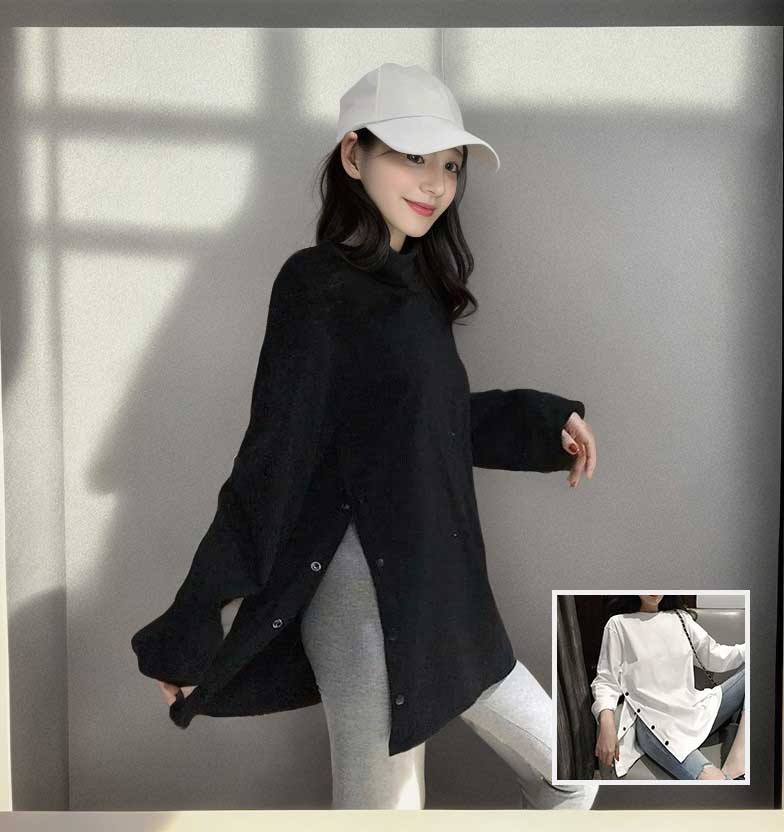 韓版鈕扣開岔長TEE_0