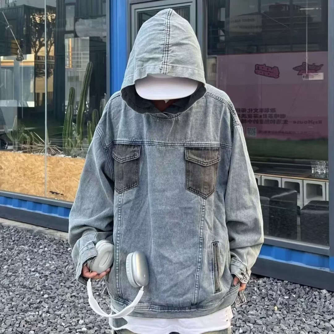 休閒假兩件拼接連帽牛仔上衣_0