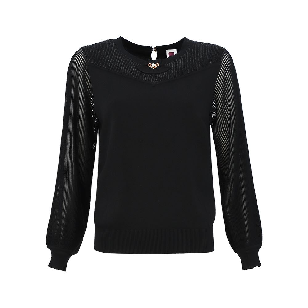 ILEY伊蕾 素雅針織拼接透紗上衣(黑色；M-XL)1233175003_4