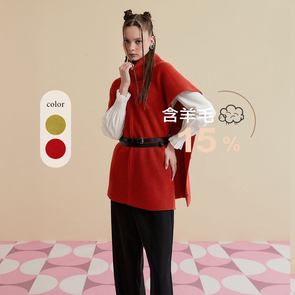 OUWEY歐薇 多變翻領寬袖混羊毛針織斗蓬上衣(兩色；F)3233195507_0