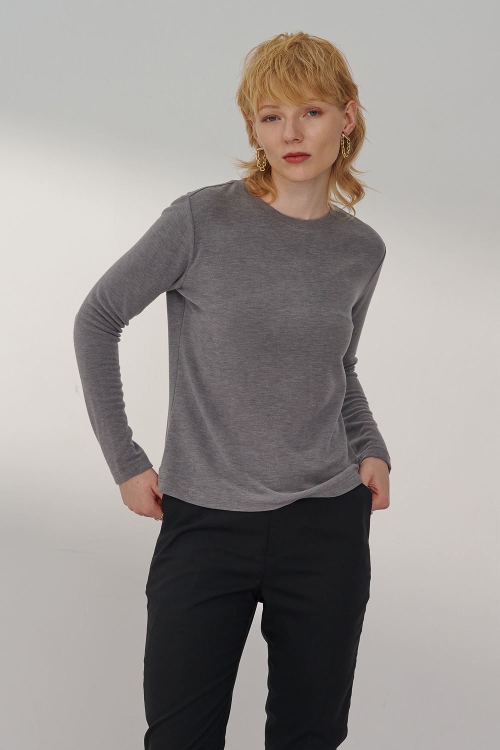 SST&C Dark Gray Round Neck Long Sleeve T-Shirt | 8762311002  (Outlet)_2